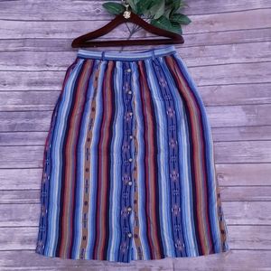 Aztec boho striped midi skirt w/ front buttons